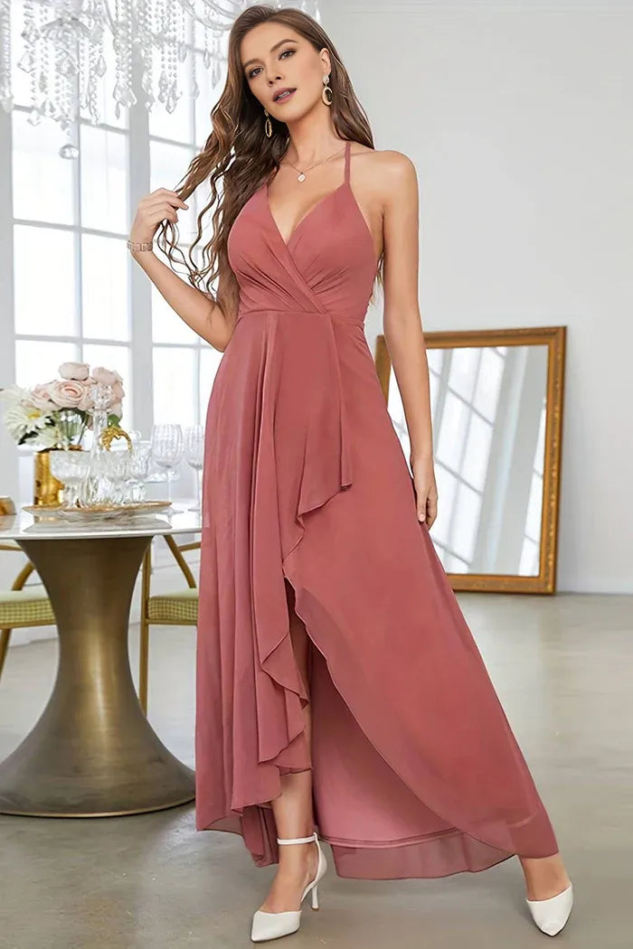 Weitese Dress Coral Asymmetrical A-Line Halter Party Dress With Sleeveless Prom Dress